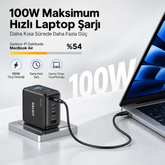 UNITEK REXO 100W 4 PORTLU AKILLI EKRANLI GAN SARJ CİHAZI (P1132ABK01-EU) resmi