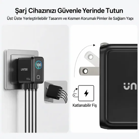 UNITEK REXO 100W 4 PORTLU AKILLI EKRANLI GAN SARJ CİHAZI (P1132ABK01-EU) resmi