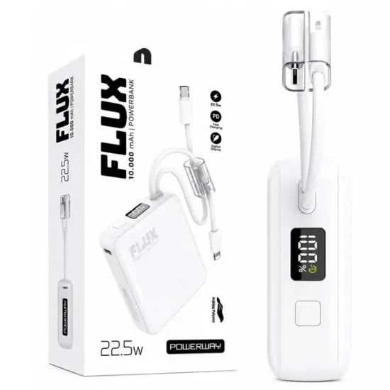 Powerway FLUX 10.000 mAh 22.5W Entegre Kablolu Hızlı Şarj Powerbank Beyaz resmi