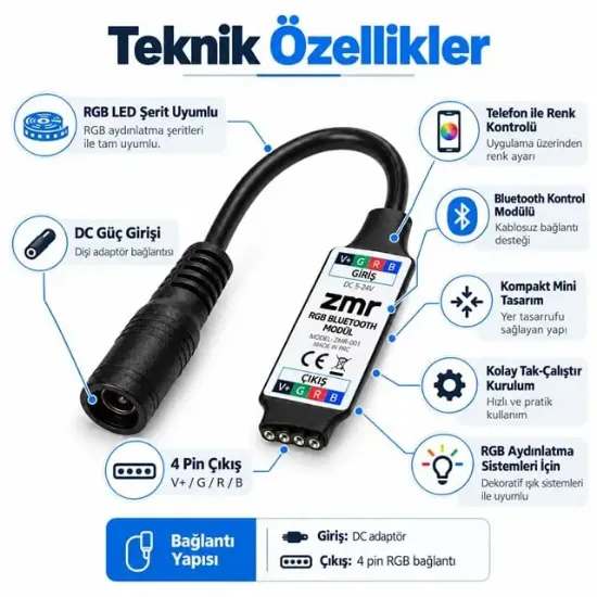 ZMR 665 Bluetooth 12V 24V 12A RGB Şerit LED Dimmer Kontrol Cihazı resmi