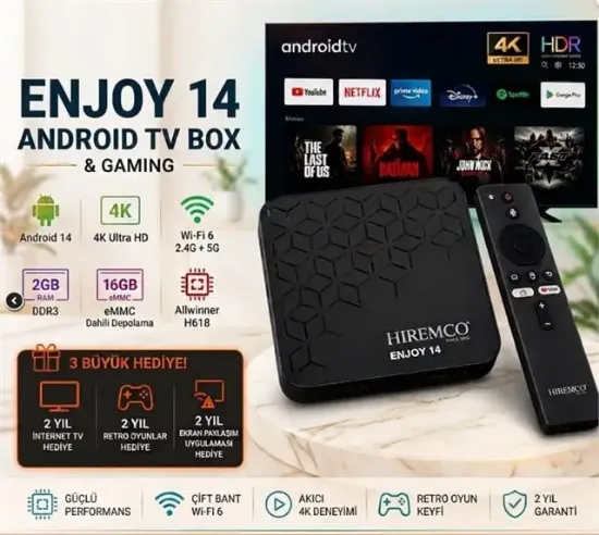 Hıremco Enjoy 14 Androıd 14 2GB Ram 16GB Dahili Hafıza WI-FI 6 Destekli Gamıng Androıd TV Box resmi
