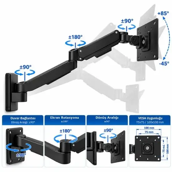 Vontech VT-NB-F150 Gaz Amortisörlü 17"-35 " Tek Kollu TV-Monitör Duvar Askı Aparatı resmi