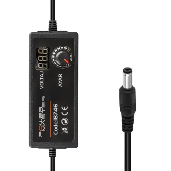 POWERMASTER PM-38599 3 VOLT - 12 VOLT - 5 AMPER 5.5*2.5 MM UÇLU 1 METRE KABLOLU AYARLI KADEMELİ ADAPTÖR resmi
