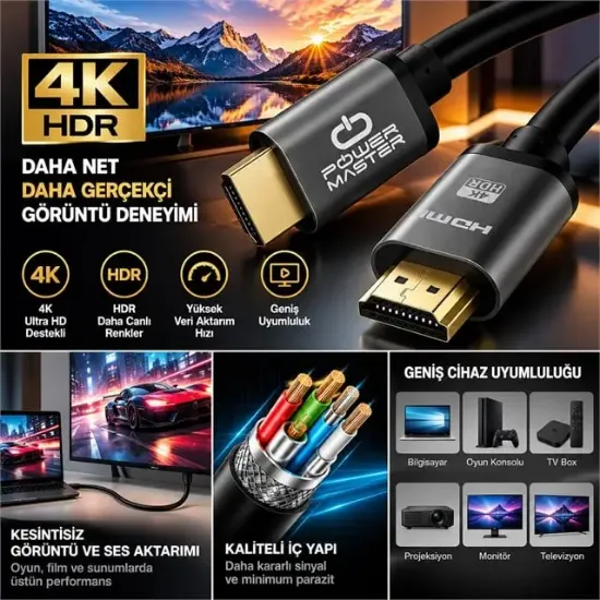 Powermaster PM-39205 10 Metre 4K 60Hz Metal Başlıklı HDMI Kablo resmi