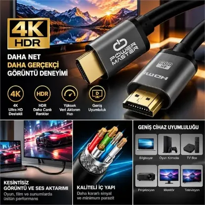 Powermaster PM-39202 1.5 Metre 4K 60Hz Metal Başlıklı HDMI Kablo resmi