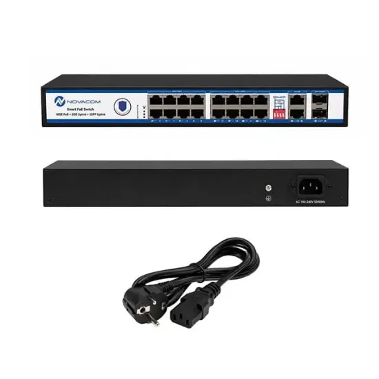Novacom NVC-PSEG1622 16 Port 10/100/1000 Mbps 300 Watt Full Gigabit Metal Kasa PoE Switch resmi