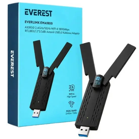 Everest Everlink EWA1800 1800Mbps 5.0 GHz Wi-Fi 6 AX1800 USB 3.0 Kablosuz Adaptör resmi