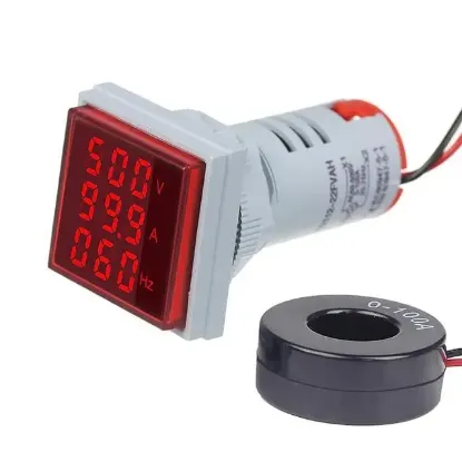 PowerMaster AD22-22VAHS 22MM 50-380V AC Voltmetre 0-100 Ampermetre Hertzmetre 0-99HZ Kare Kırmızı resmi