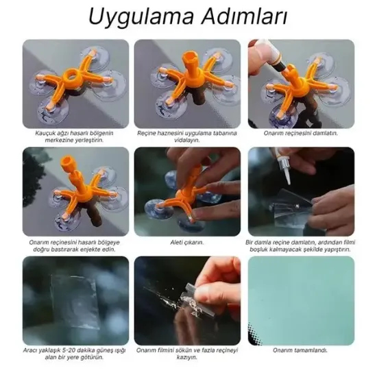 PowerMaster PM-27103 Araç Ön Cam Kırık Çatlak Giderici Hızlı Tamir Kiti 3ml 5 Film resmi